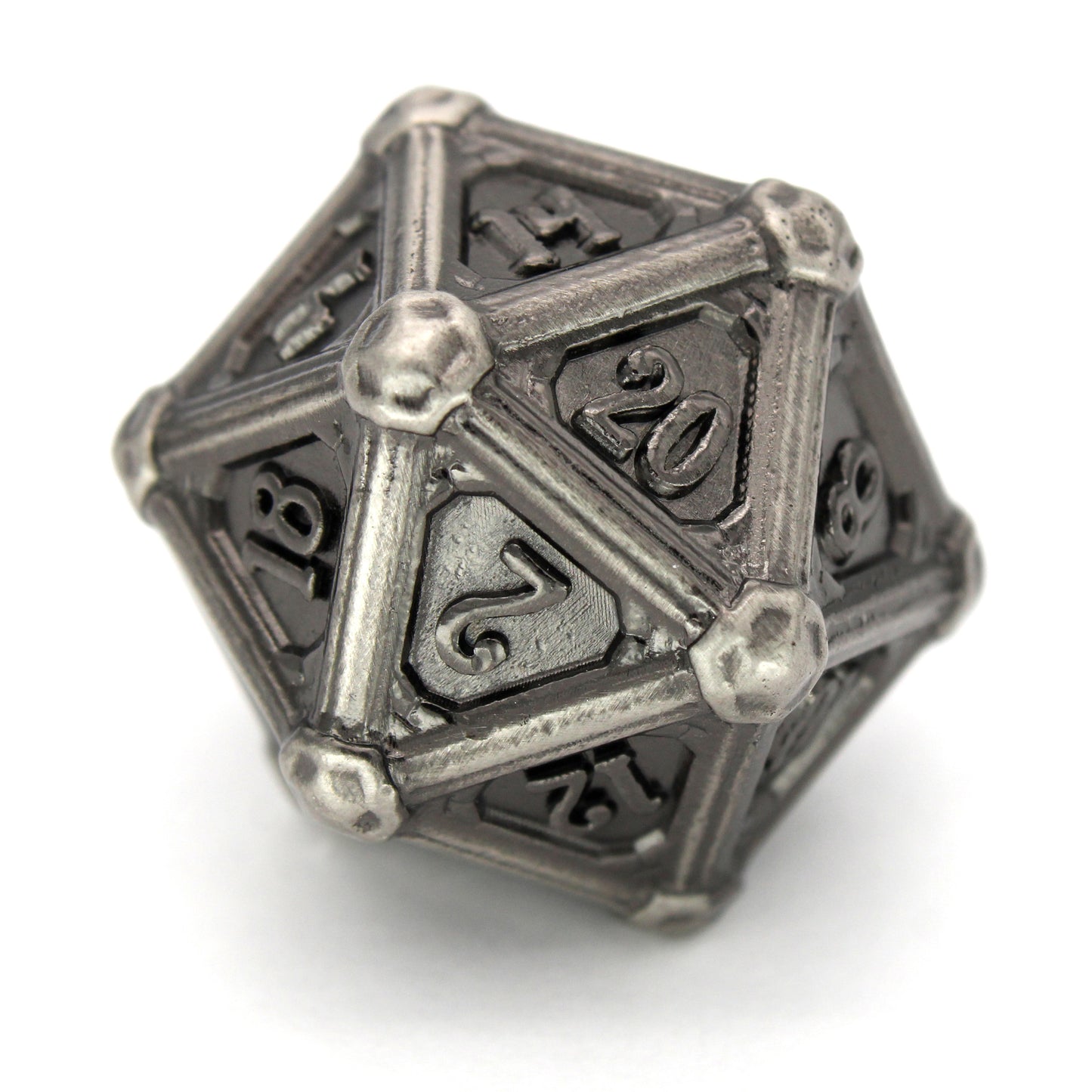 Fors Fortuna is an 8-piece Dice Envy Original set of ancient silver colored metal dice in our Colonnade mold.