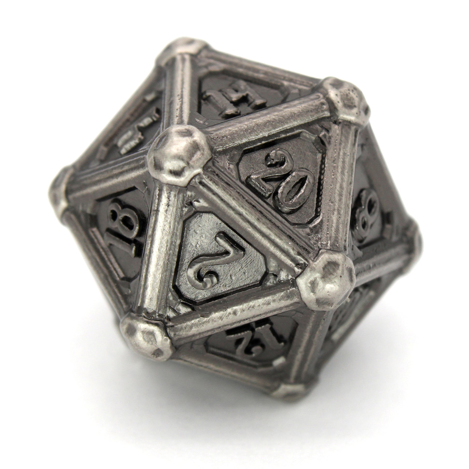 Fors Fortuna is an 8-piece Dice Envy Original set of ancient silver colored metal dice in our Colonnade mold.