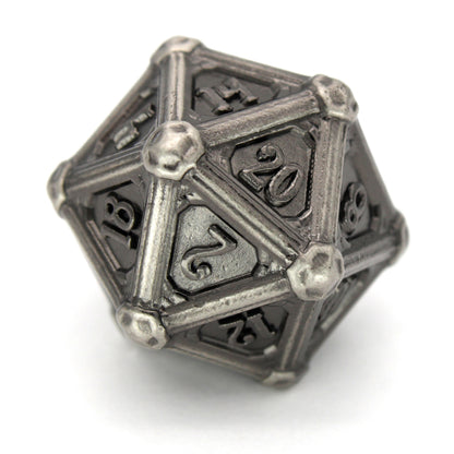 Fors Fortuna is an 8-piece Dice Envy Original set of ancient silver colored metal dice in our Colonnade mold.