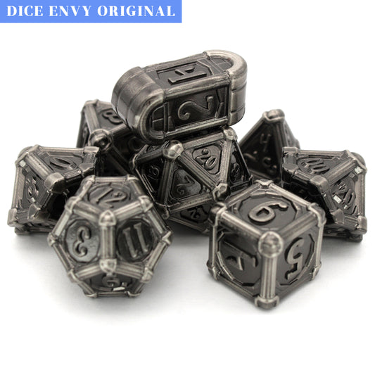 Fors Fortuna is an 8-piece Dice Envy Original set of ancient silver colored metal dice in our Colonnade mold.