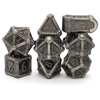 Fors Fortuna is an 8-piece Dice Envy Original set of ancient silver colored metal dice in our Colonnade mold.
