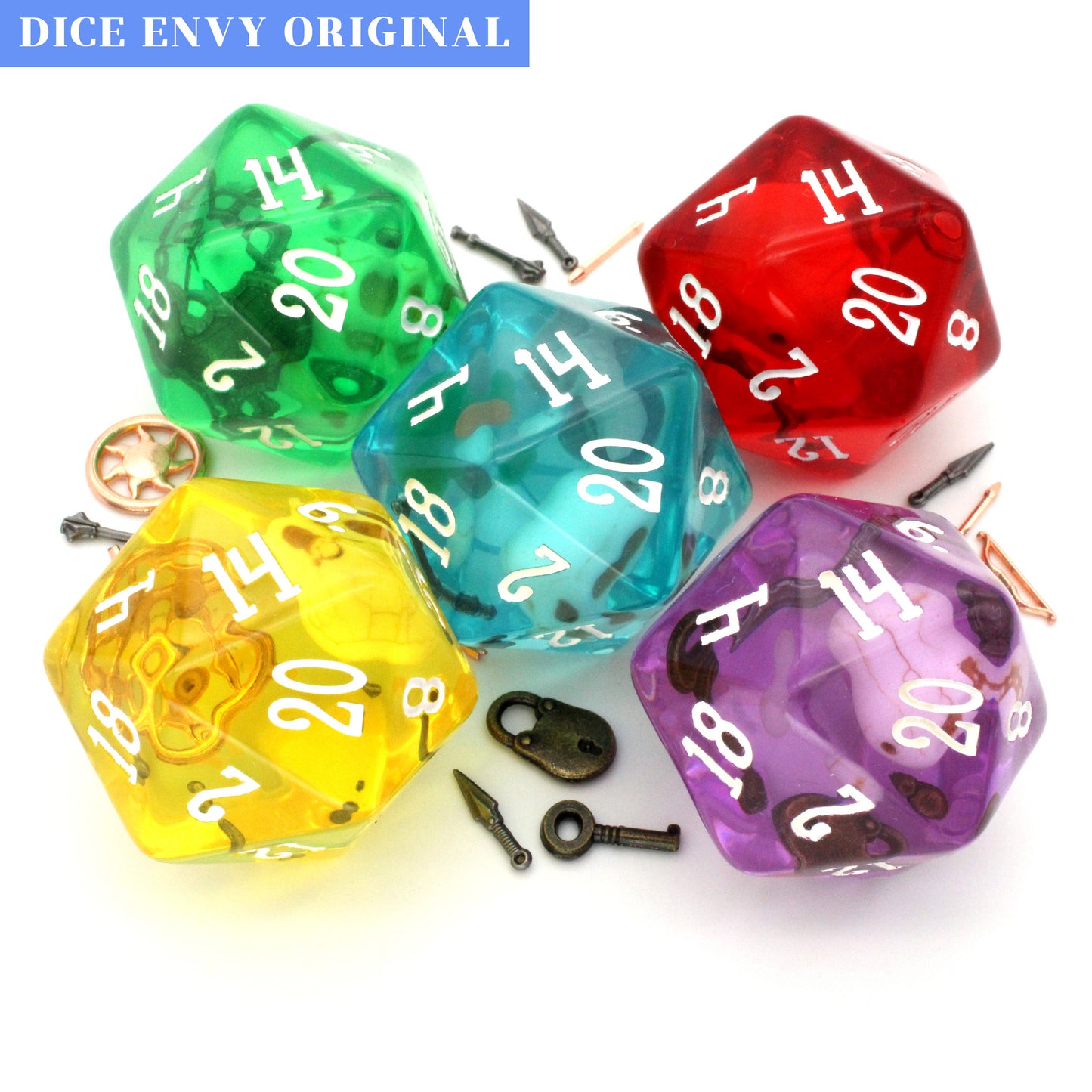 Gelatinous Icosahedrons are translucent resin d20s containing skull, bone, and weapon inclusions. Each Gelatinous Icosahedron is uniquely imbued by remains of its last victim and comes with a printed stat block for use at the table.