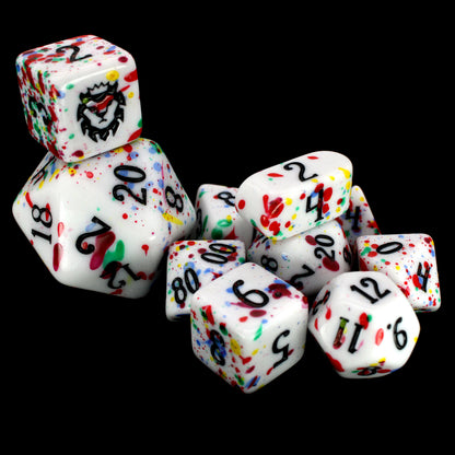Gobbostopper is a 10-piece white acrylic set with black ink and red, blue, yellow, and green splatters. Please do not eat the dice, goblin or not!