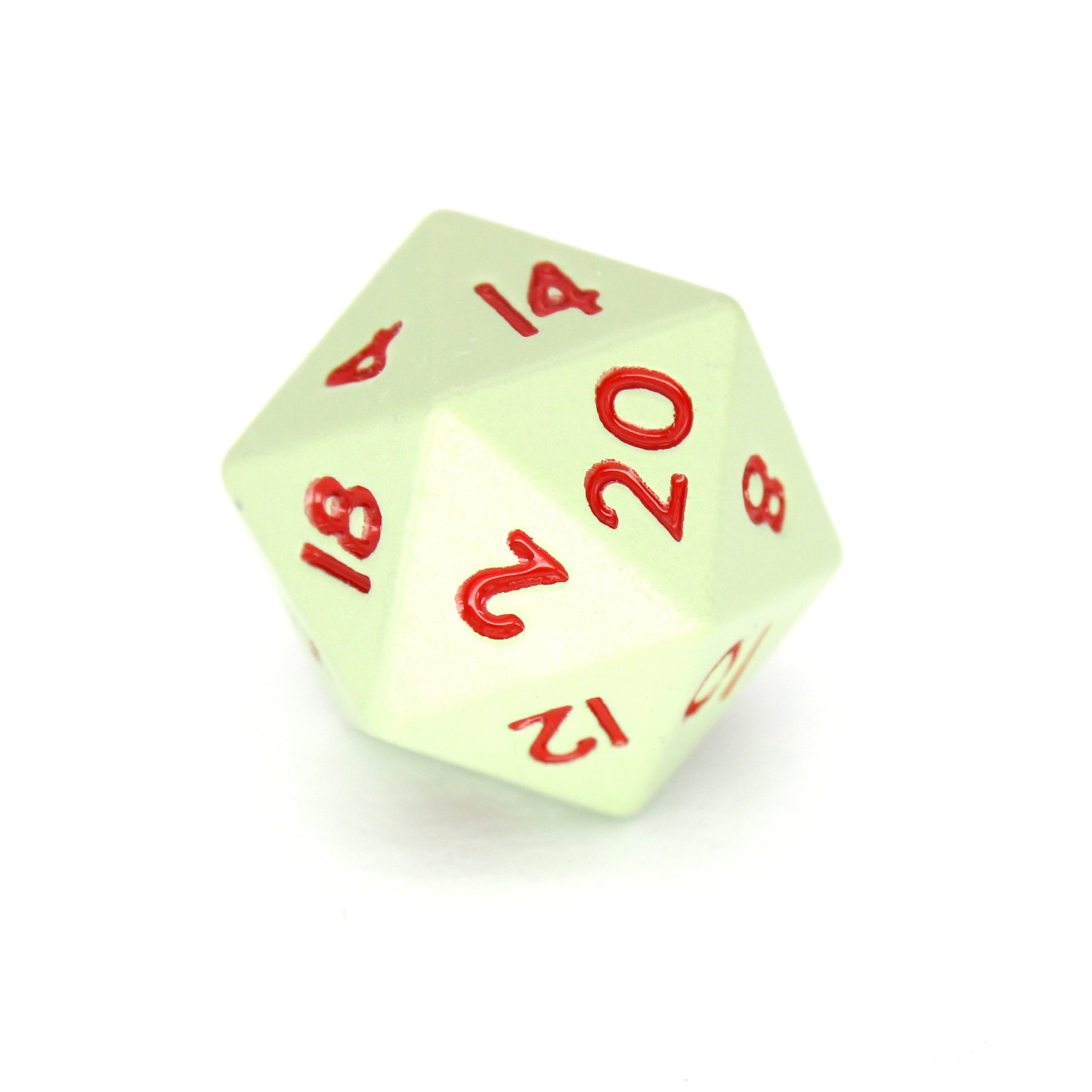 Gremlins is a 7-piece set of matte, pale-green colored 10mm metal dice with magenta inking.
