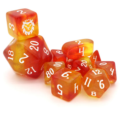 Gummy Guardians is a red and yellow transparent acrylic 10-piece set, inked in sugary white.