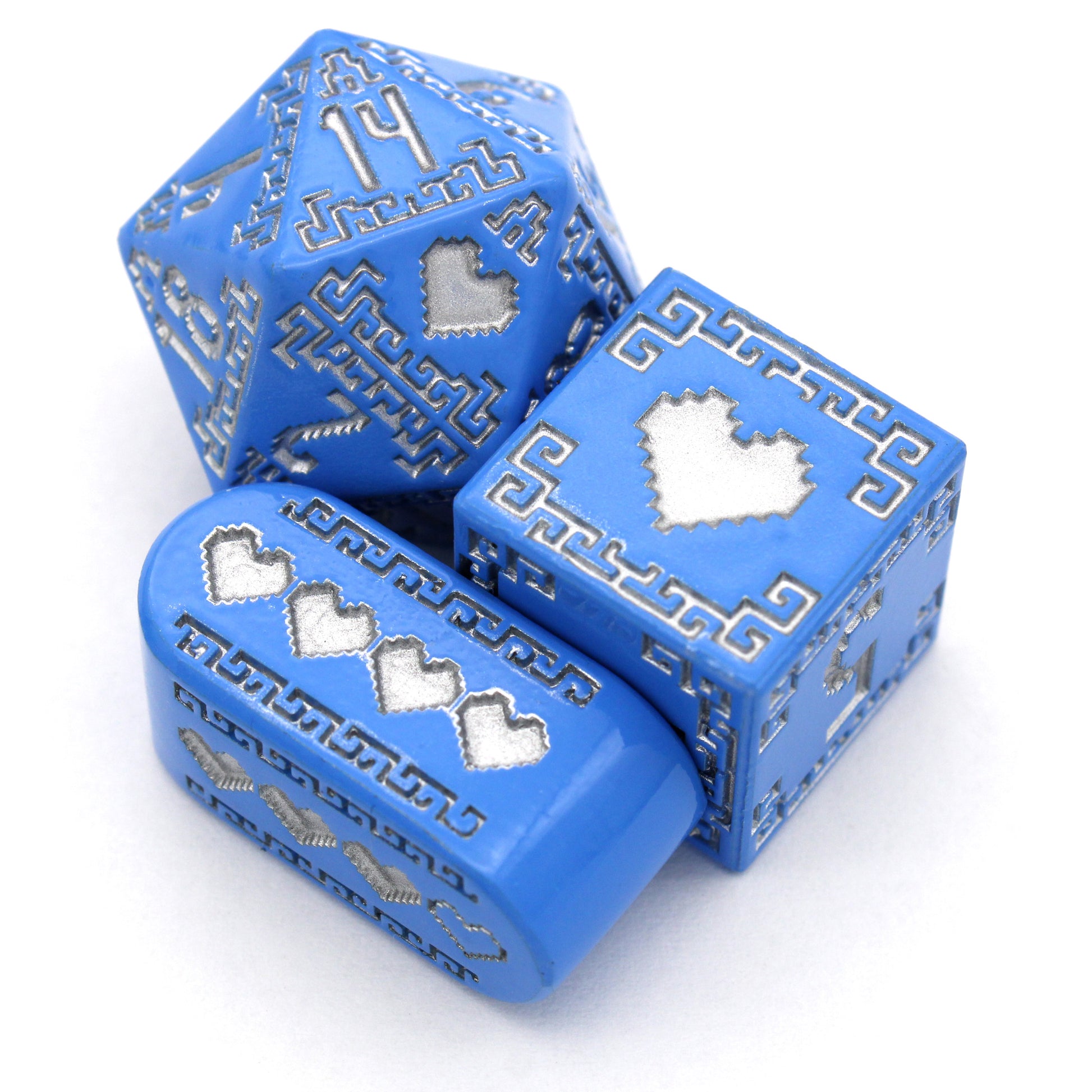 Heart of Wisdom is an 8-piece Dice Envy Original metal set in bright blue with silver ink. An echo and partner to our Heart of Courage set.