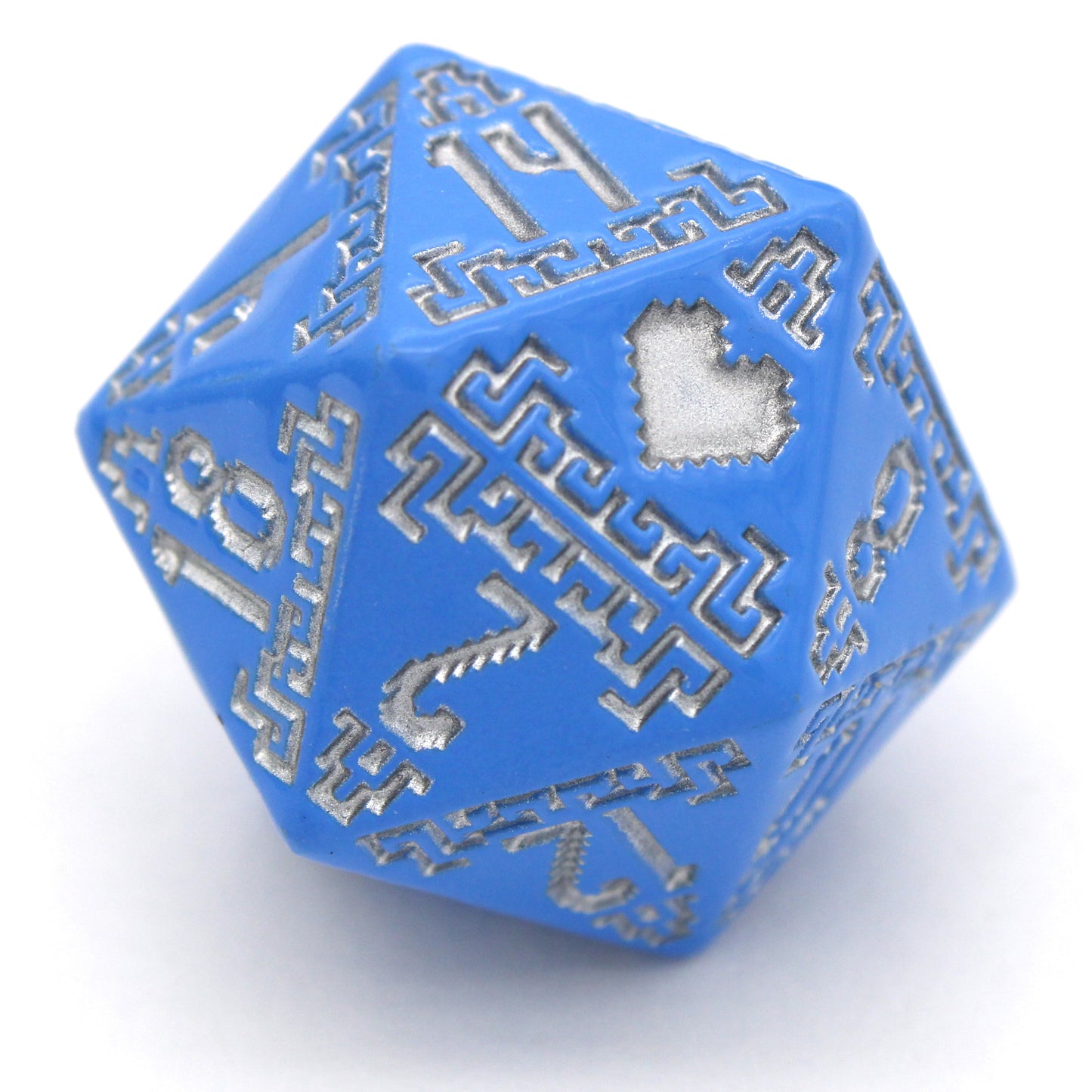 Heart of Wisdom is an 8-piece Dice Envy Original metal set in bright blue with silver ink. An echo and partner to our Heart of Courage set.