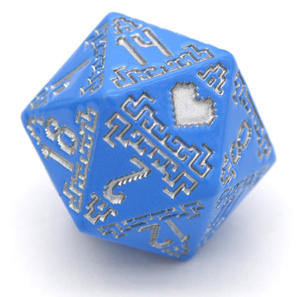 Heart of Wisdom is an 8-piece Dice Envy Original metal set in bright blue with silver ink. An echo and partner to our Heart of Courage set.