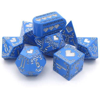 Heart of Wisdom is an 8-piece Dice Envy Original metal set in bright blue with silver ink. An echo and partner to our Heart of Courage set.