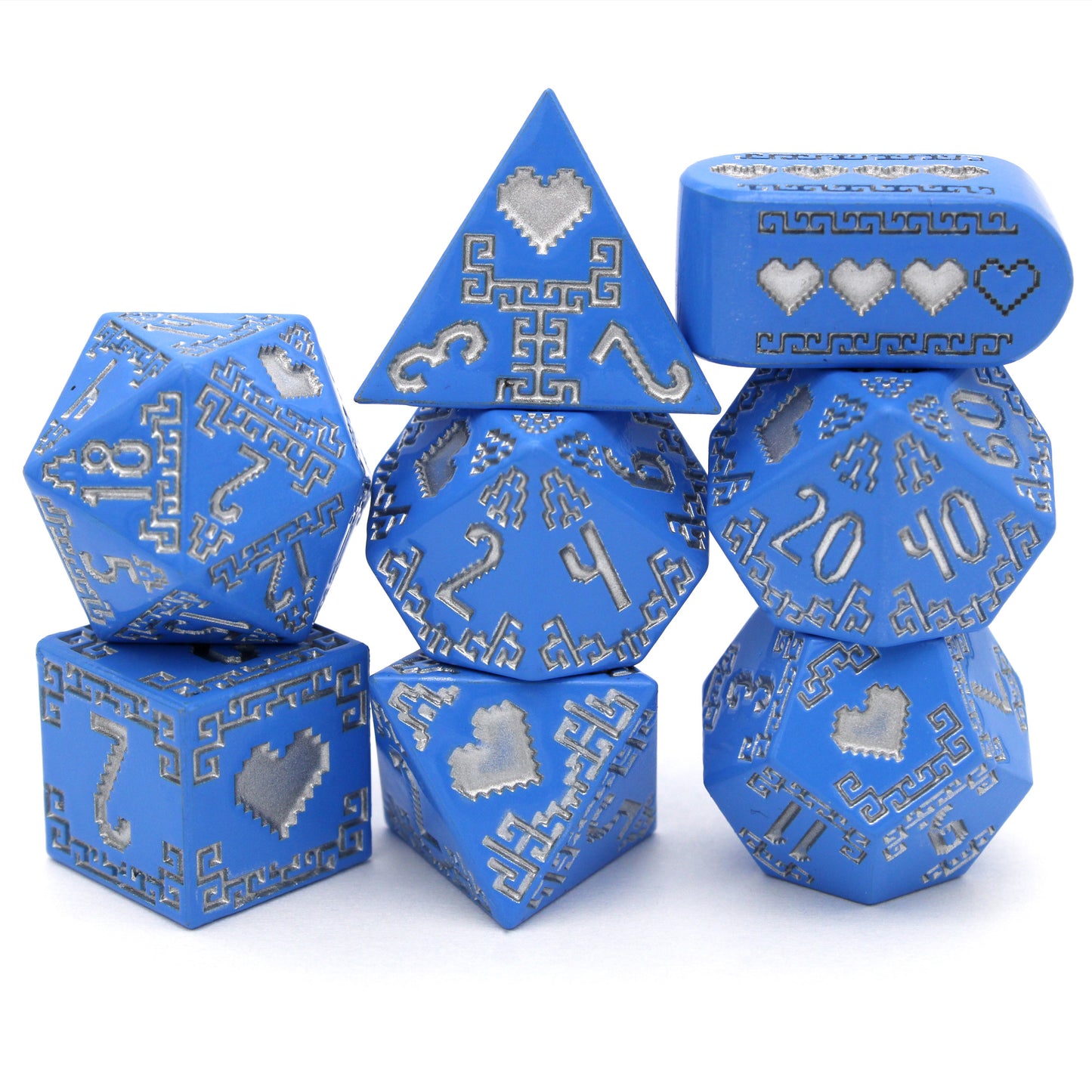 Heart of Wisdom is an 8-piece Dice Envy Original metal set in bright blue with silver ink. An echo and partner to our Heart of Courage set.
