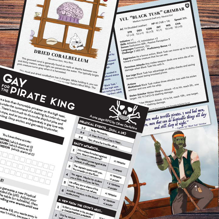 The High Seas Shipping bundle includes a .png of a one-page rpg and .pdfs of an NPC and a magic item.