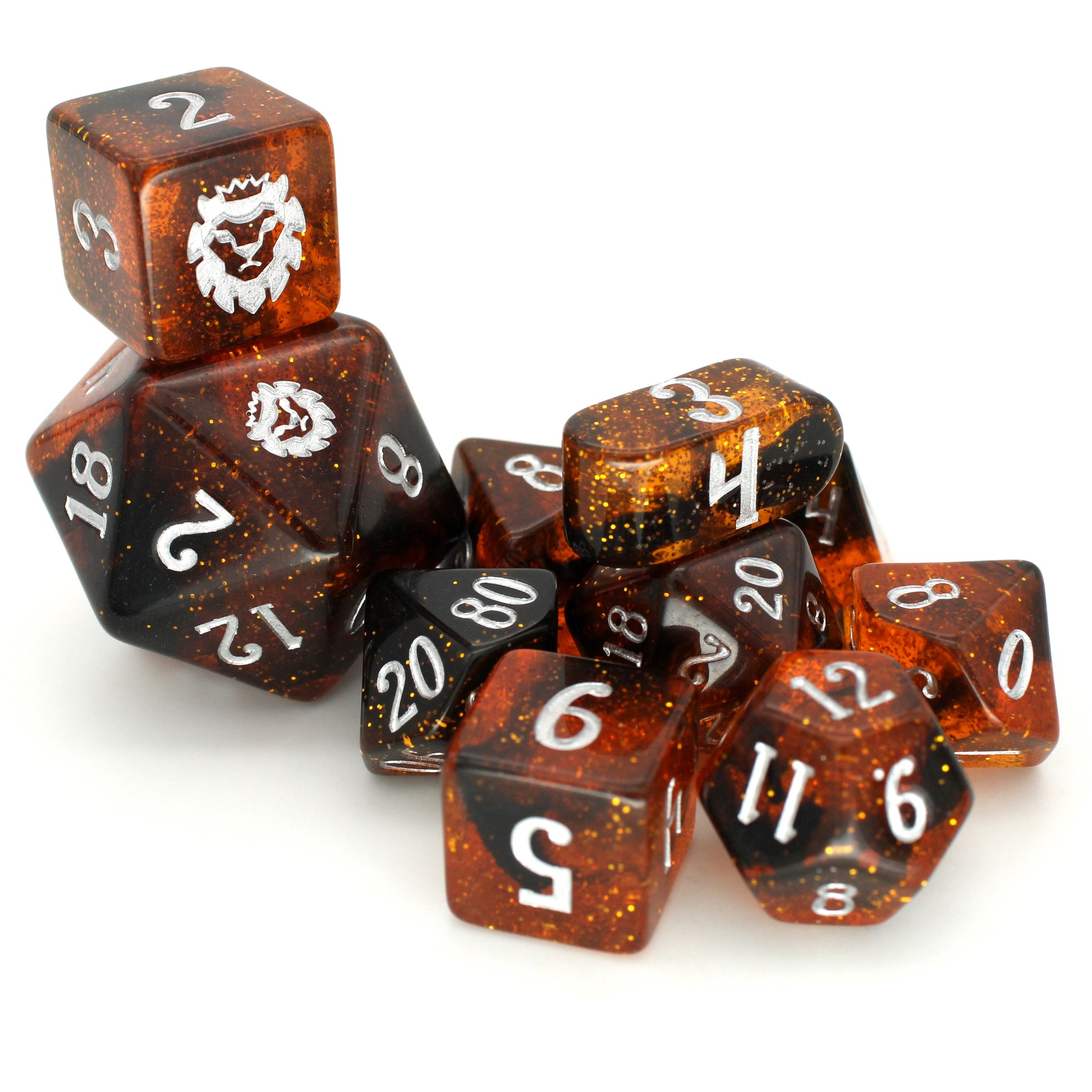 Honeyed Words is a 10-piece amber resin set with swirls of black gold glitter, inked in silver.