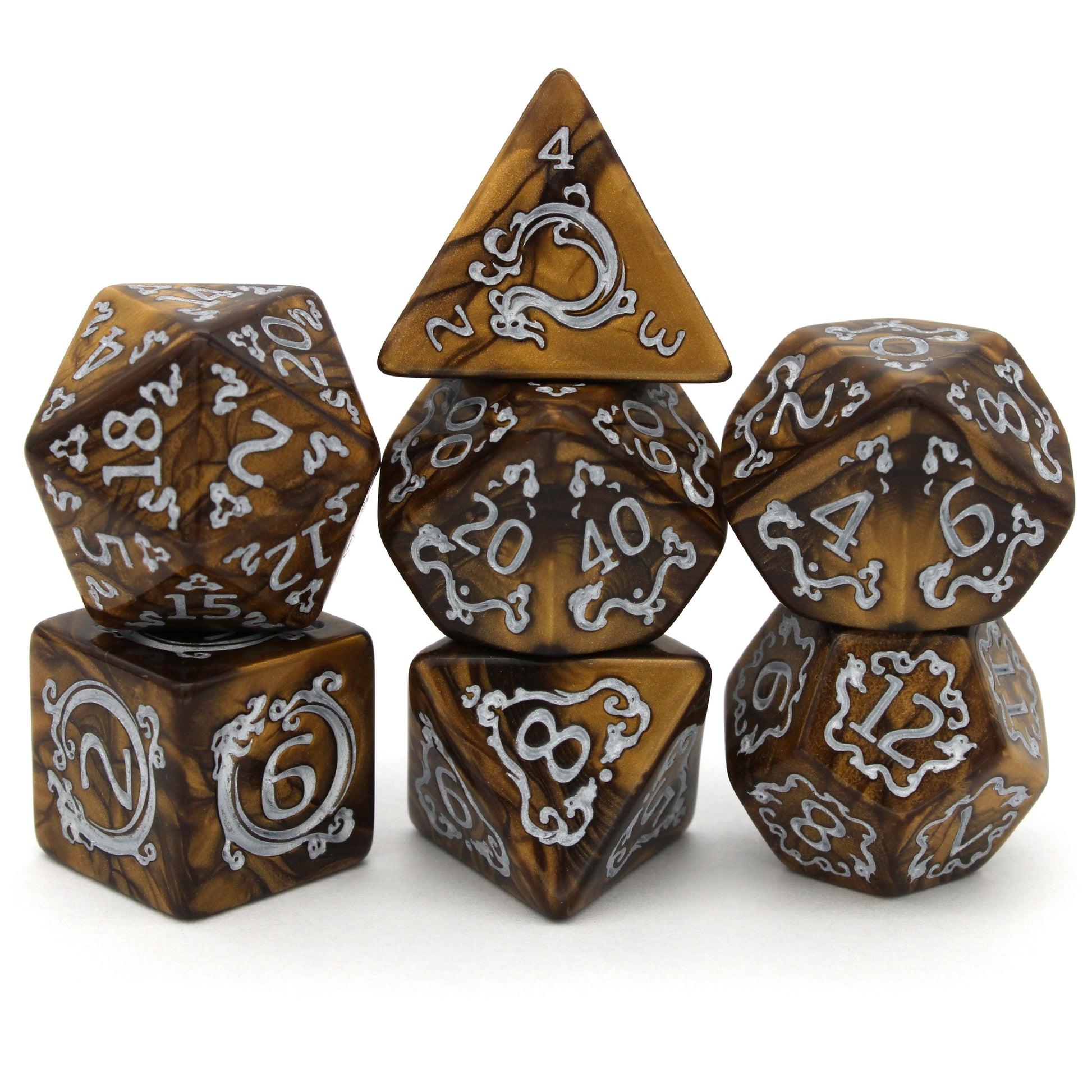 How Now, Brown Cloud? is a 7-piece set of brown acrylic dice with a silver-inked engraving. I don't know, man. You had to be there.