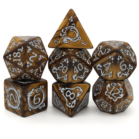 How Now, Brown Cloud? is a 7-piece set of brown acrylic dice with a silver-inked engraving. I don't know, man. You had to be there.