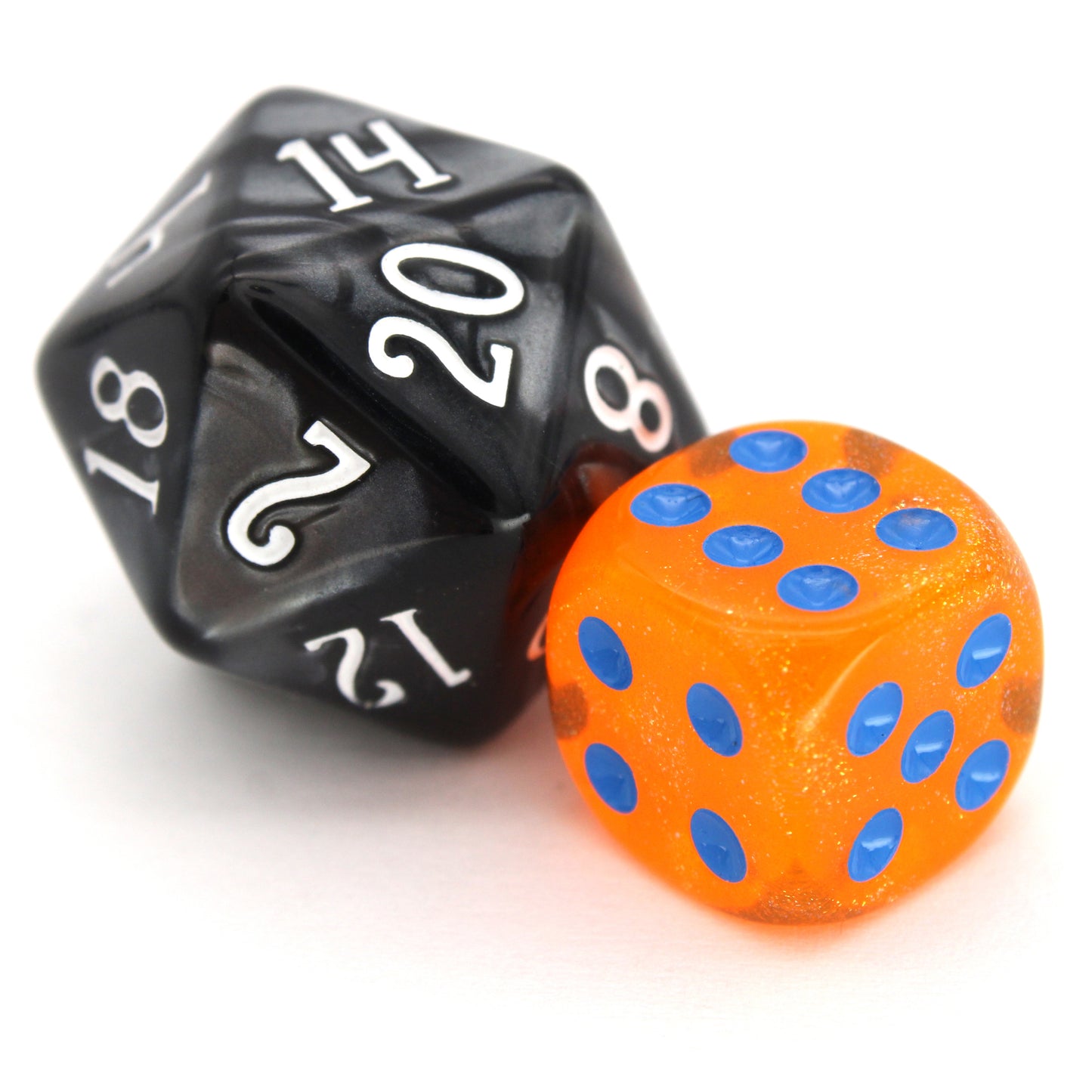 In Queso Emergency is a 10-piece set of semi-transparent orange resin 12mm d6s, filled with microglitter, with pips inked in bright blue. They are part of our Pip-Squeaks collection.