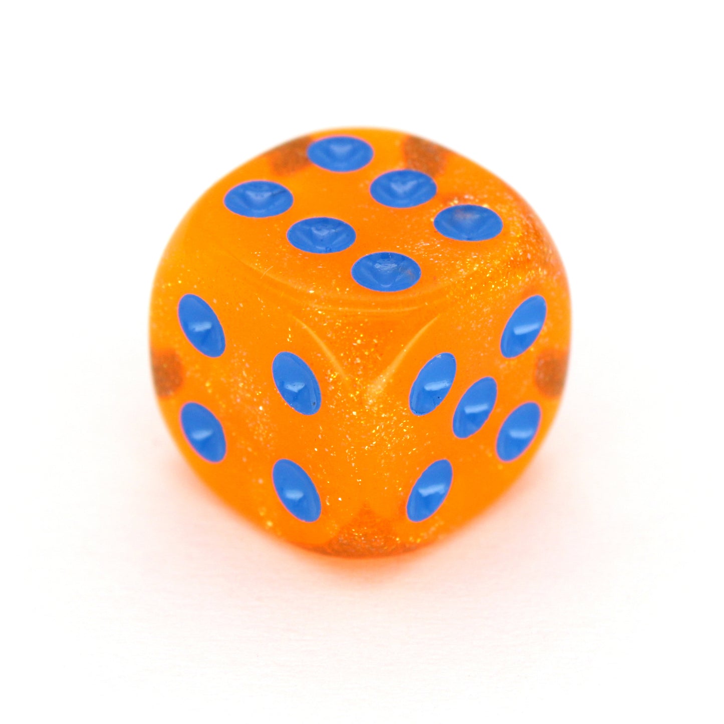 In Queso Emergency is a 10-piece set of semi-transparent orange resin 12mm d6s, filled with microglitter, with pips inked in bright blue. They are part of our Pip-Squeaks collection.