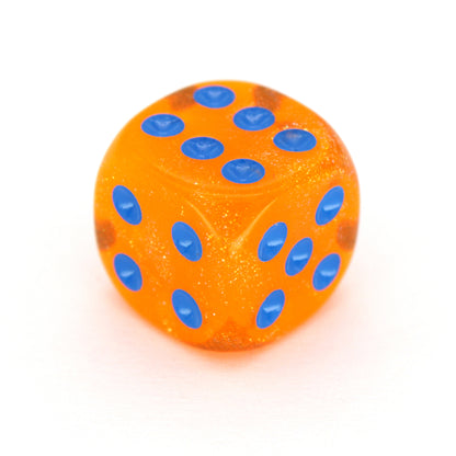 In Queso Emergency is a 10-piece set of semi-transparent orange resin 12mm d6s, filled with microglitter, with pips inked in bright blue. They are part of our Pip-Squeaks collection.
