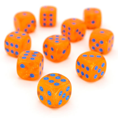In Queso Emergency is a 10-piece set of semi-transparent orange resin 12mm d6s, filled with microglitter, with pips inked in bright blue. They are part of our Pip-Squeaks collection.