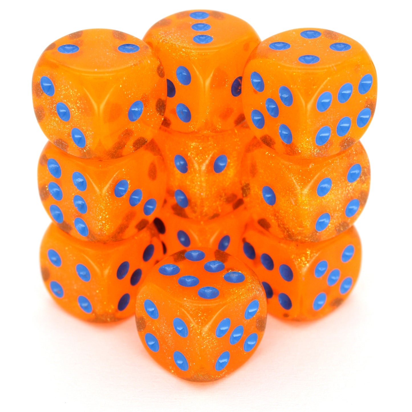 In Queso Emergency is a 10-piece set of semi-transparent orange resin 12mm d6s, filled with microglitter, with pips inked in bright blue. They are part of our Pip-Squeaks collection.