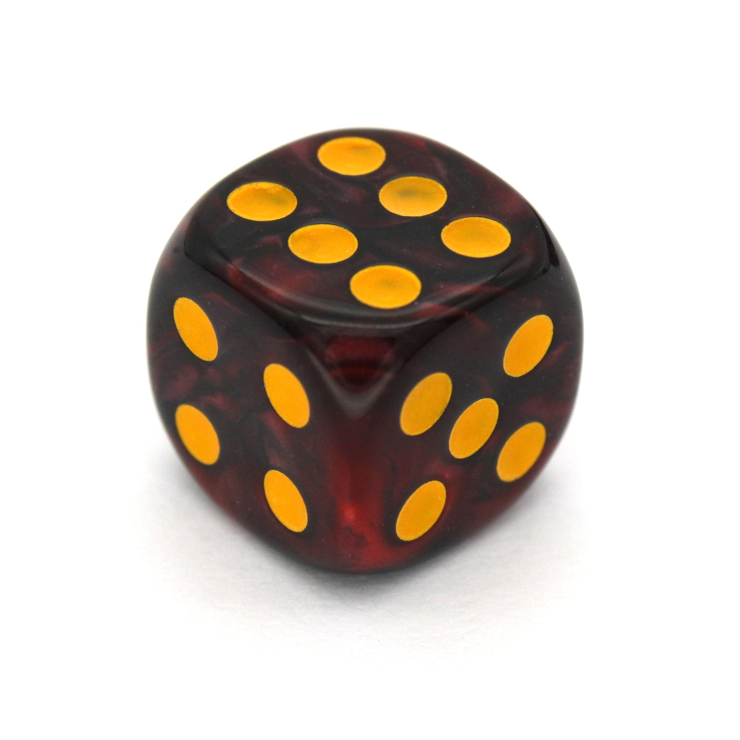 Infernal Fire is a 10-piece set of swirled black and red 12mm d6s, with pips inked in goldenrod yellow. They are part of our Pip-Squeaks collection.