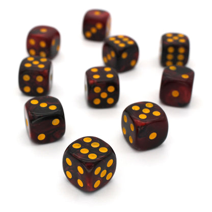 Infernal Fire is a 10-piece set of swirled black and red 12mm d6s, with pips inked in goldenrod yellow. They are part of our Pip-Squeaks collection.