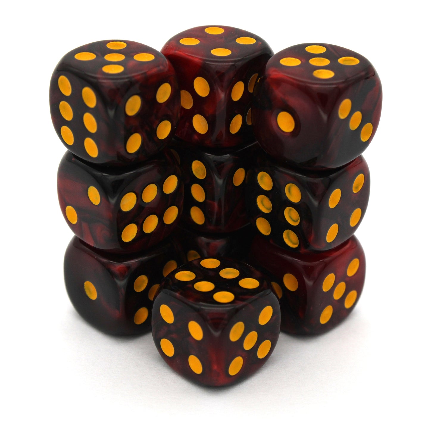 Infernal Fire is a 10-piece set of swirled black and red 12mm d6s, with pips inked in goldenrod yellow. They are part of our Pip-Squeaks collection.