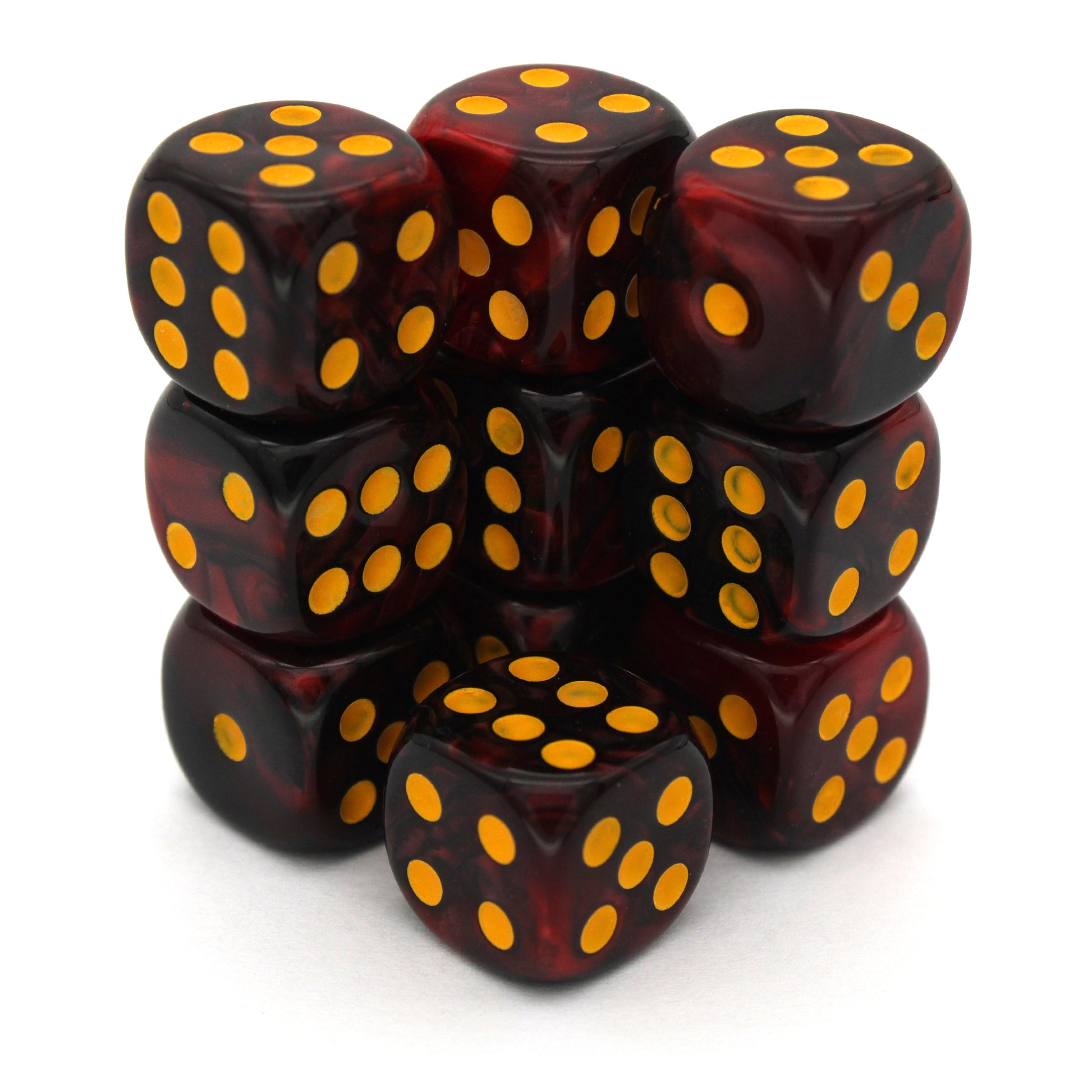 Infernal Fire is a 10-piece set of swirled black and red 12mm d6s, with pips inked in goldenrod yellow. They are part of our Pip-Squeaks collection.