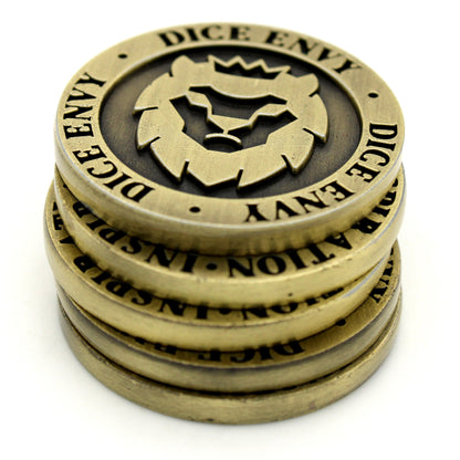 Inspiration Coins are a set of five double-sided, ancient gold colored metal tokens each measuring 30mm in diameter.