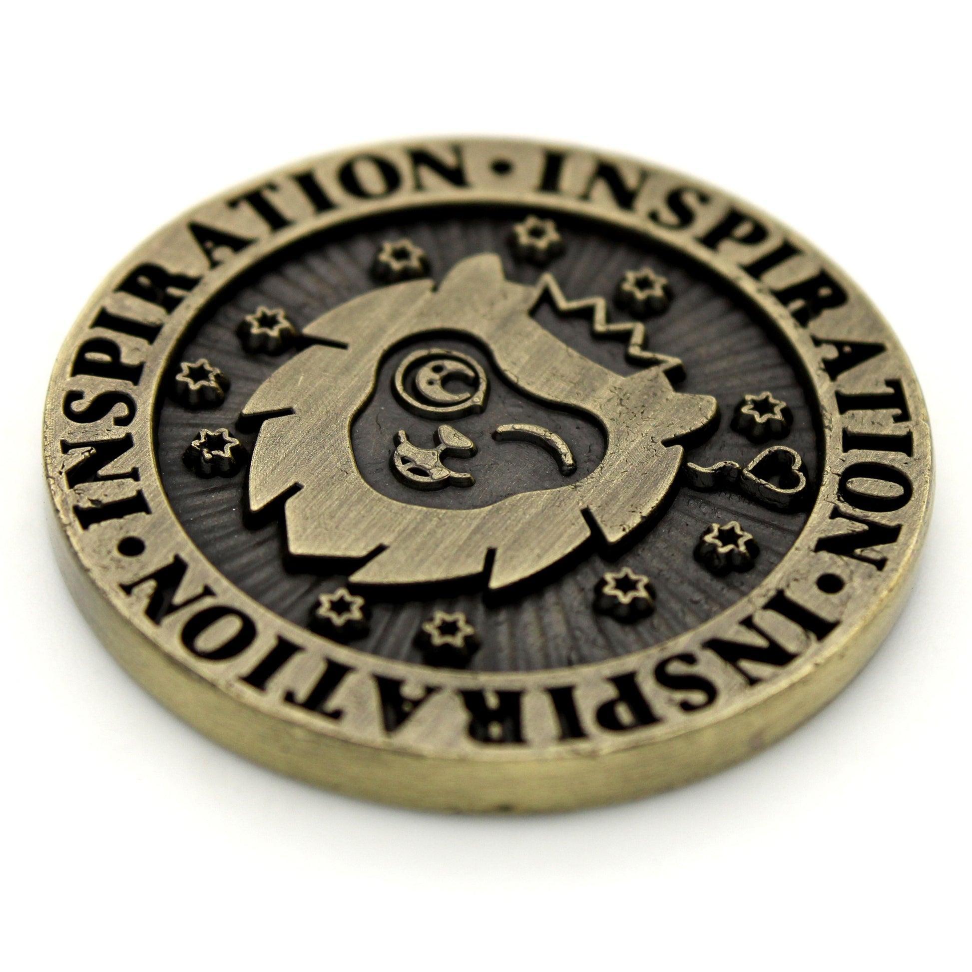 Inspiration Coins are a set of five double-sided, ancient gold colored metal tokens each measuring 30mm in diameter.