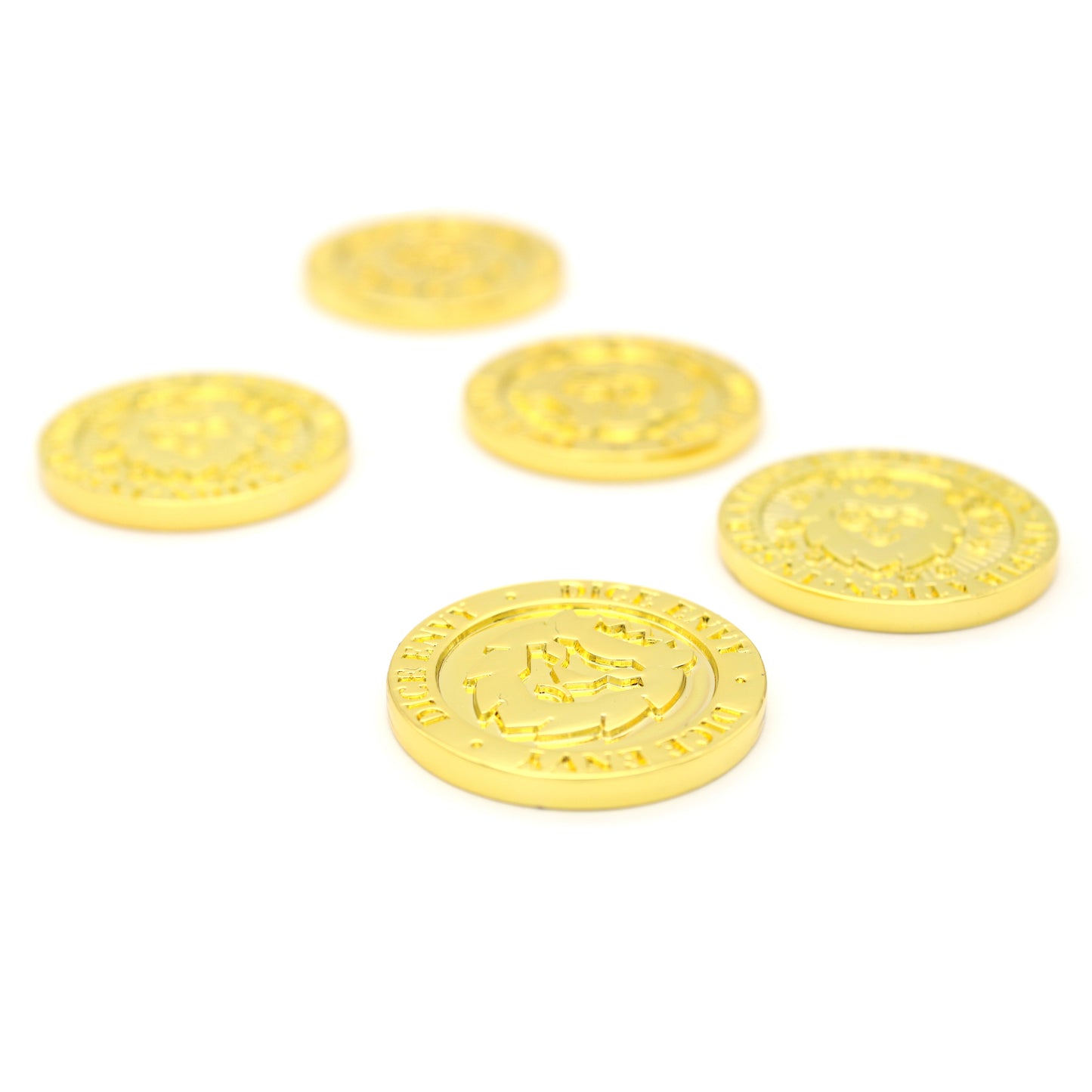 Inspiration Coins are a set of five double-sided, gold colored metal tokens each measuring 30mm in diameter.