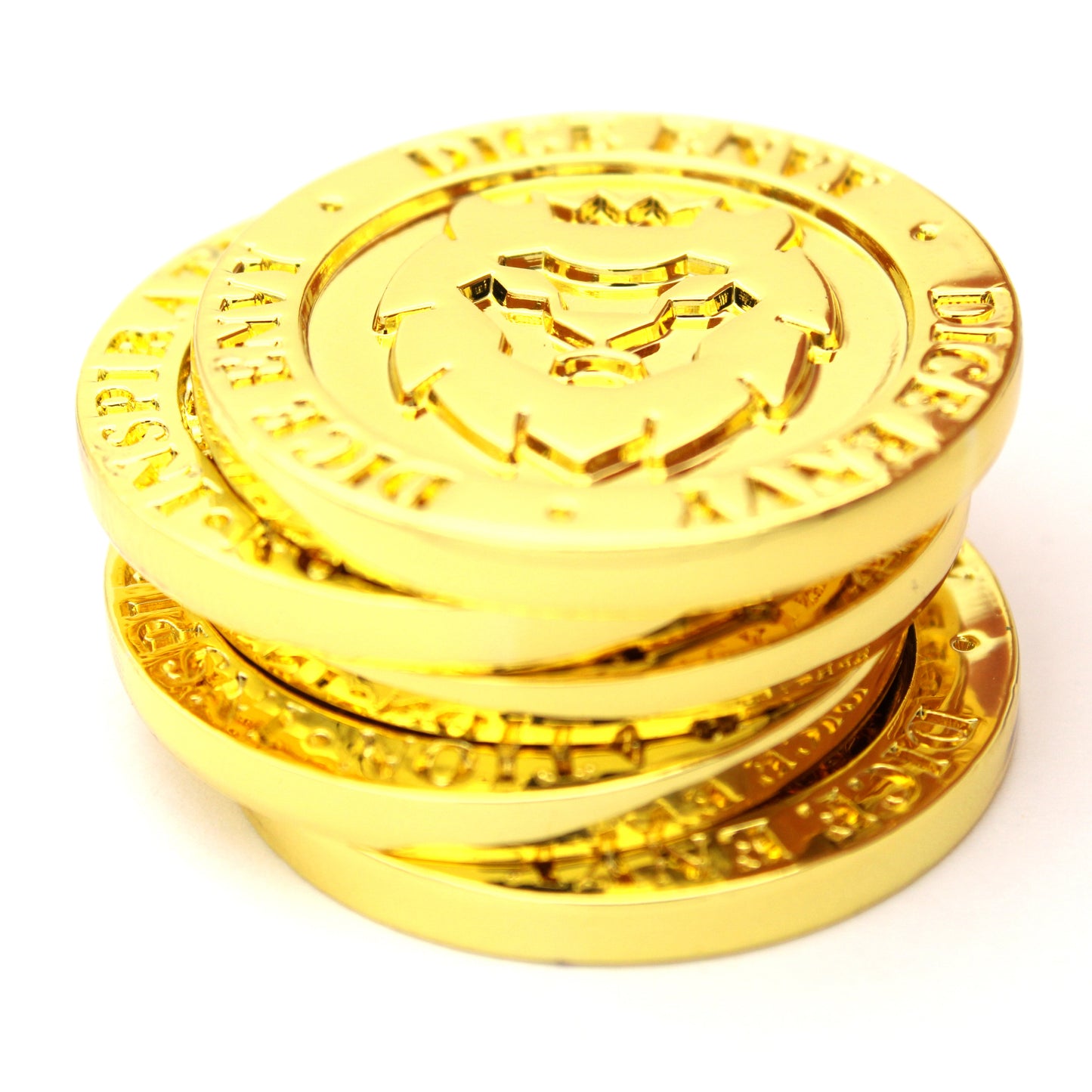 Inspiration Coins are a set of five double-sided, gold colored metal tokens each measuring 30mm in diameter.