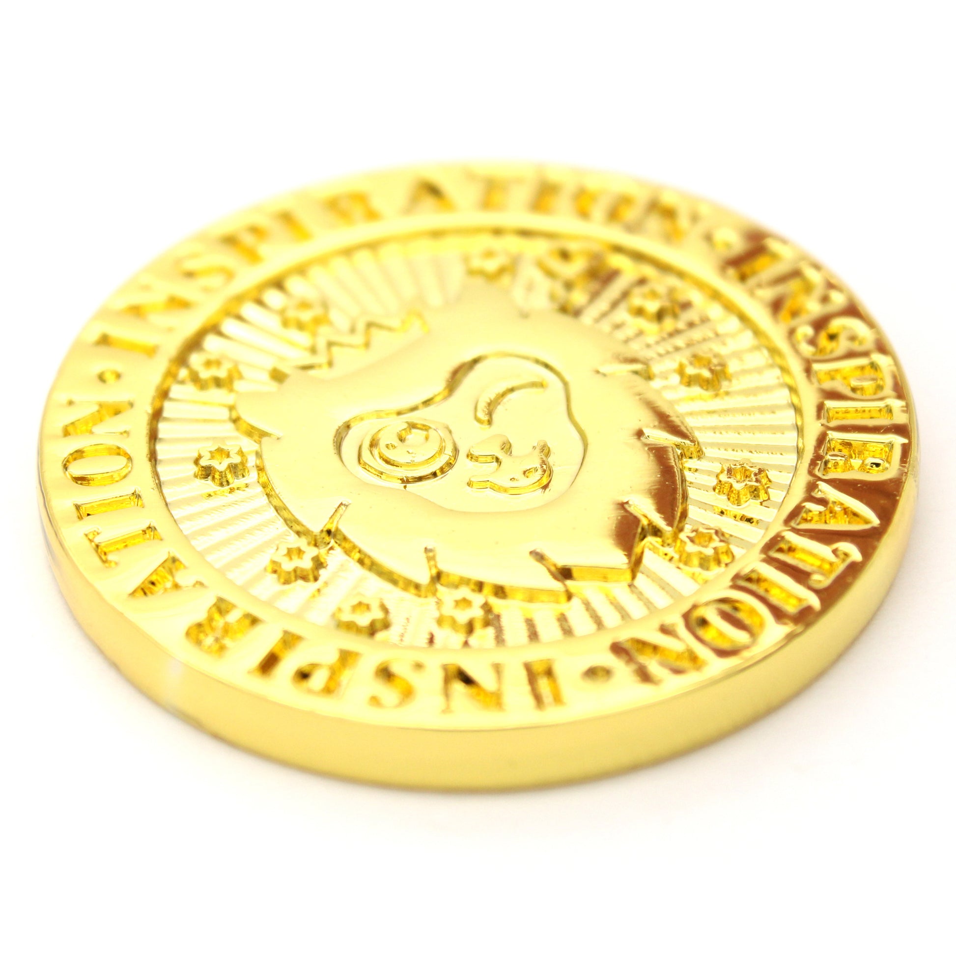 Inspiration Coins are a set of five double-sided, gold colored metal tokens each measuring 30mm in diameter.