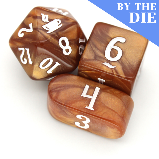 Java Elemental (by the die) individual dice are engraved resin featuring swirling caramel browns with coffee icons inked in milk white.