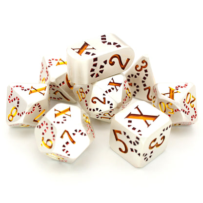 Jolly Roger is a Dice Envy Exclusive 8-piece set of silver metal dice with a treasure map engraving inked in red and gold. It is part of the Pirate Dice collection.