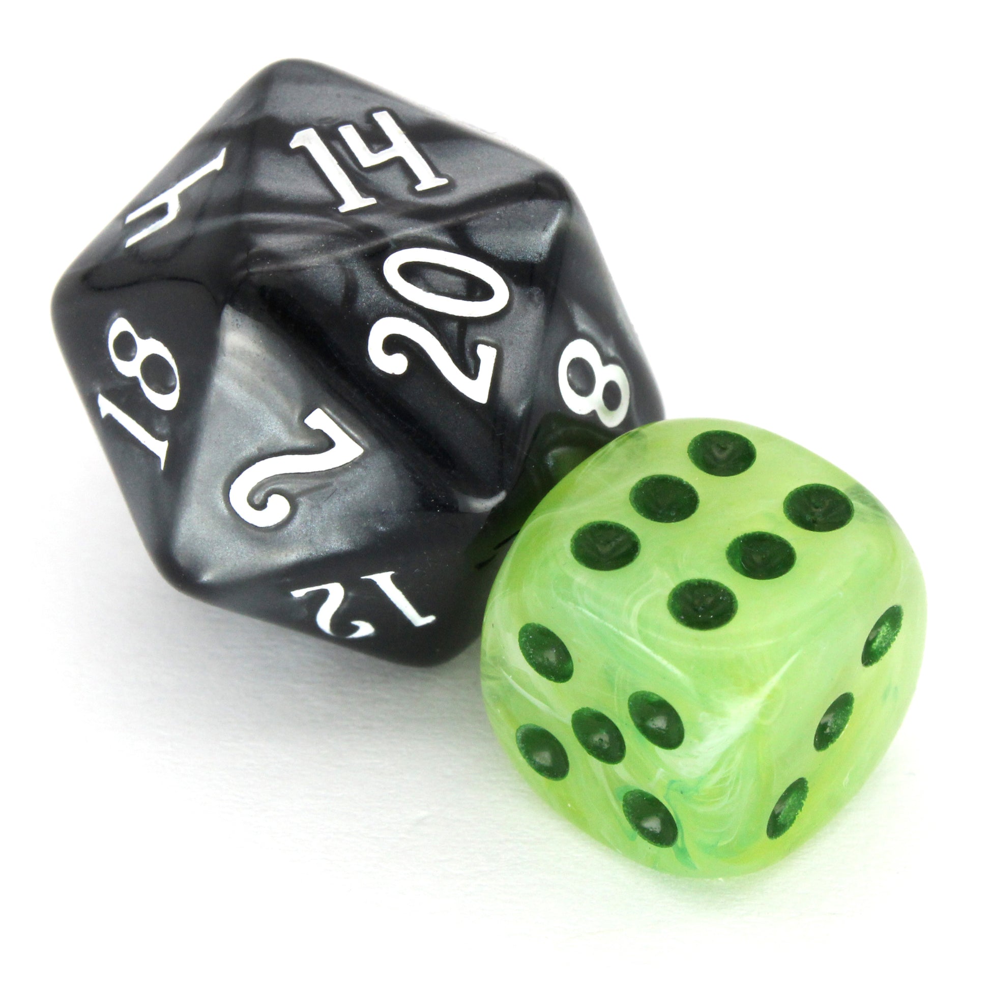 Juice Box is a 10-piece set of swirled neon green, yellow, and white 12mm d6s, with pips inked in dark green.