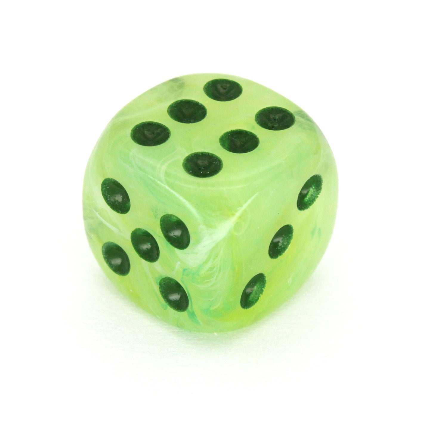 Juice Box is a 10-piece set of swirled neon green, yellow, and white 12mm d6s, with pips inked in dark green.