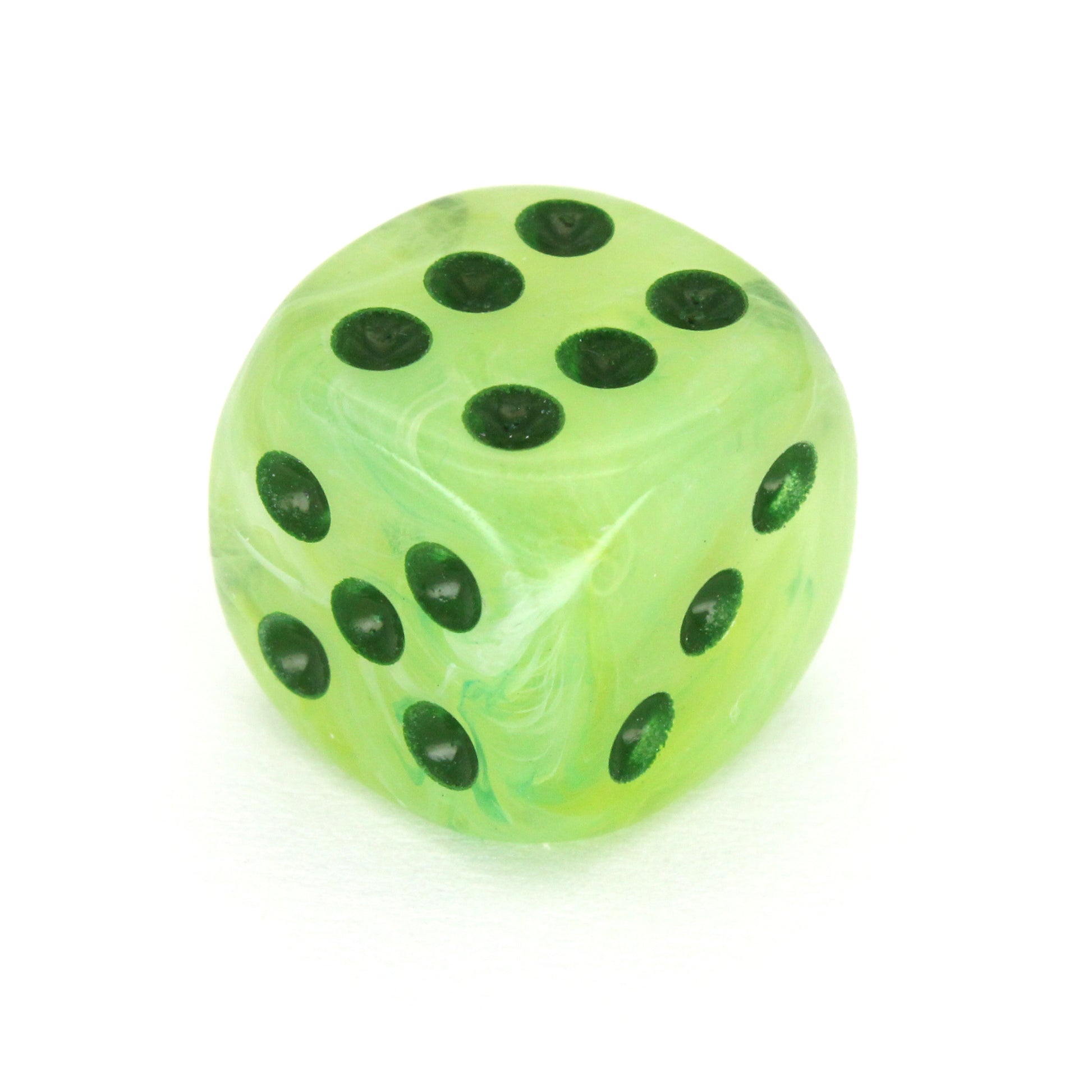 Juice Box is a 10-piece set of swirled neon green, yellow, and white 12mm d6s, with pips inked in dark green.