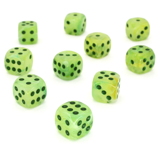 Juice Box is a 10-piece set of swirled neon green, yellow, and white 12mm d6s, with pips inked in dark green.