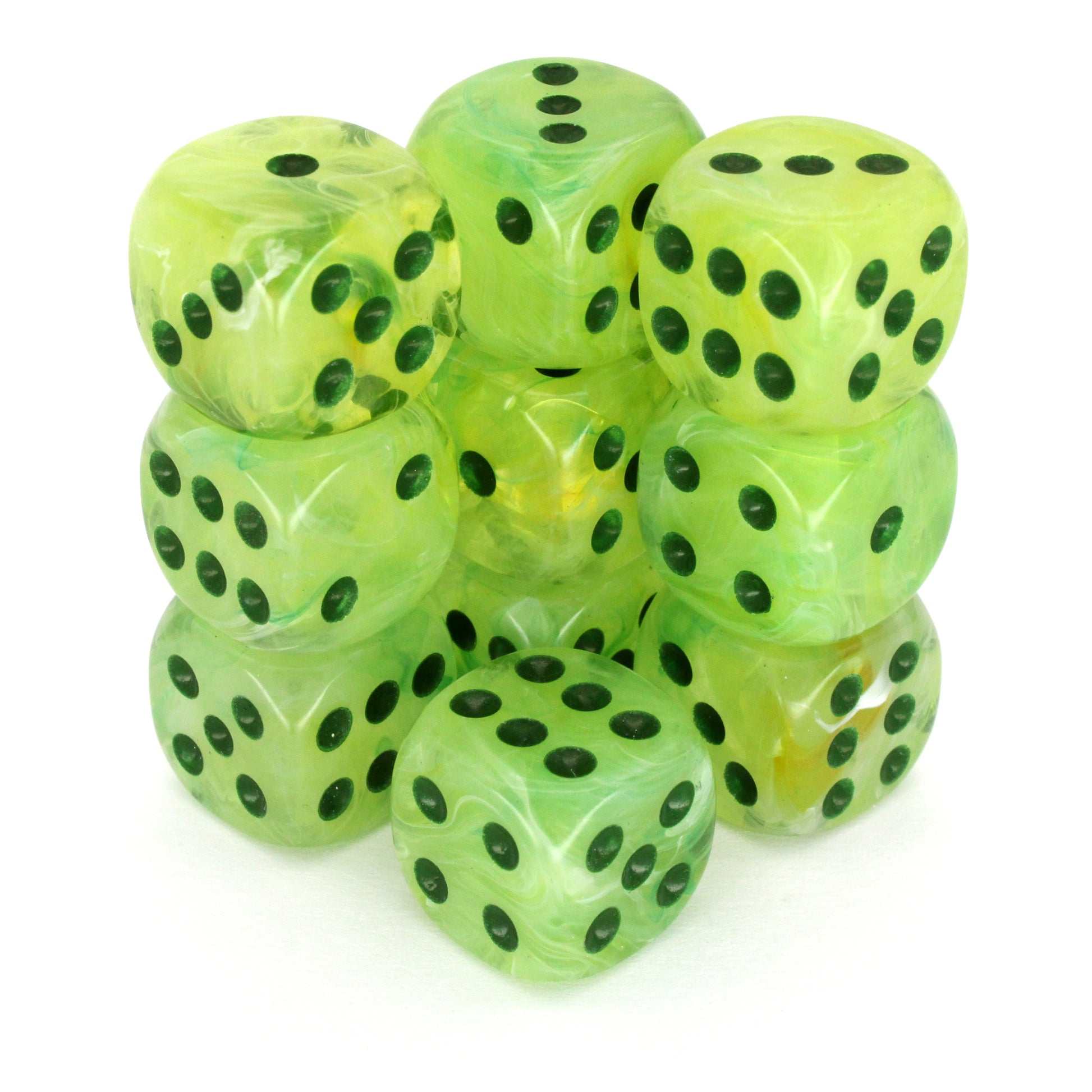 Juice Box is a 10-piece set of swirled neon green, yellow, and white 12mm d6s, with pips inked in dark green.