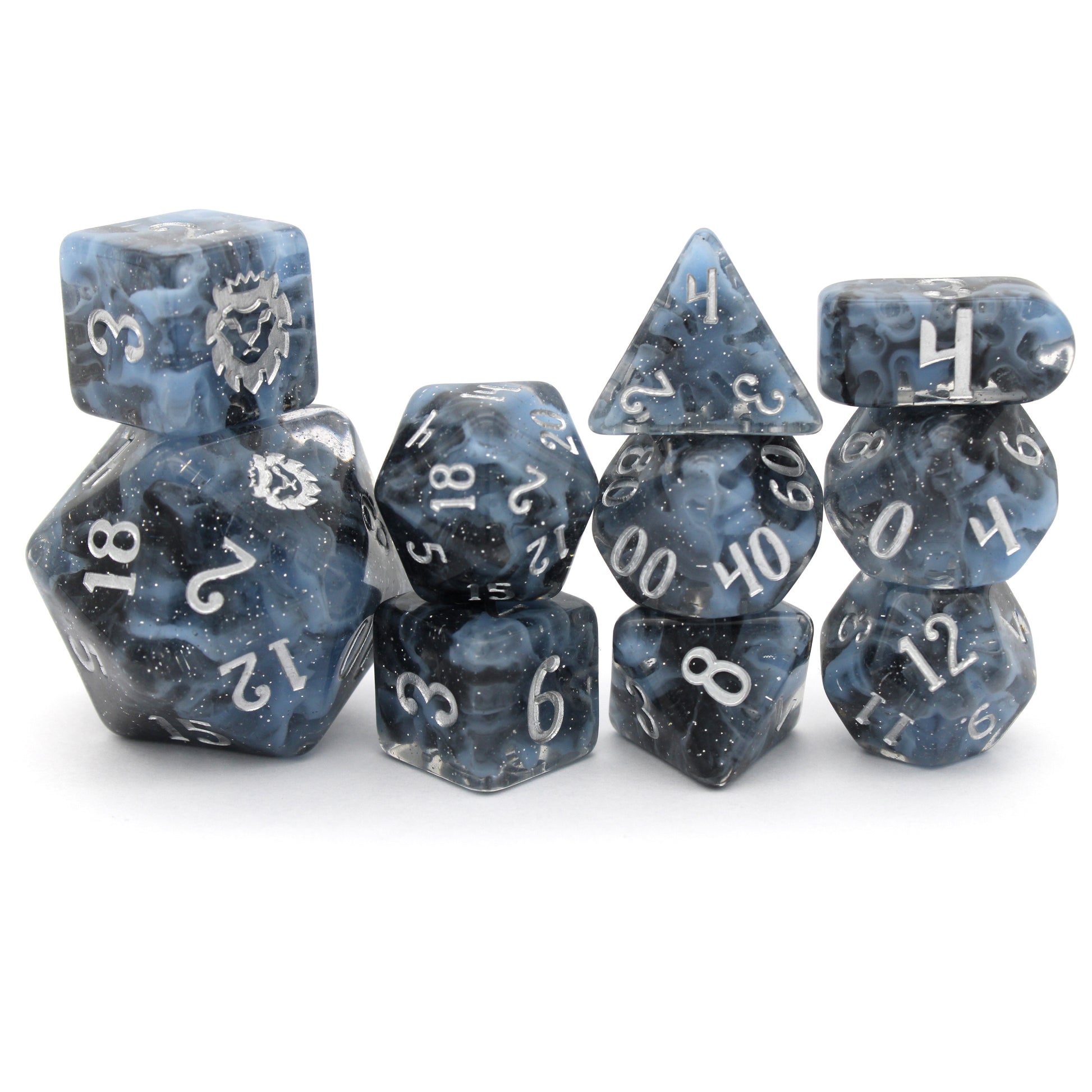 Lagoon is a 10-piece resin set featuring billowing clouds of light blue and glittery translucent black, inked in luminous silver.