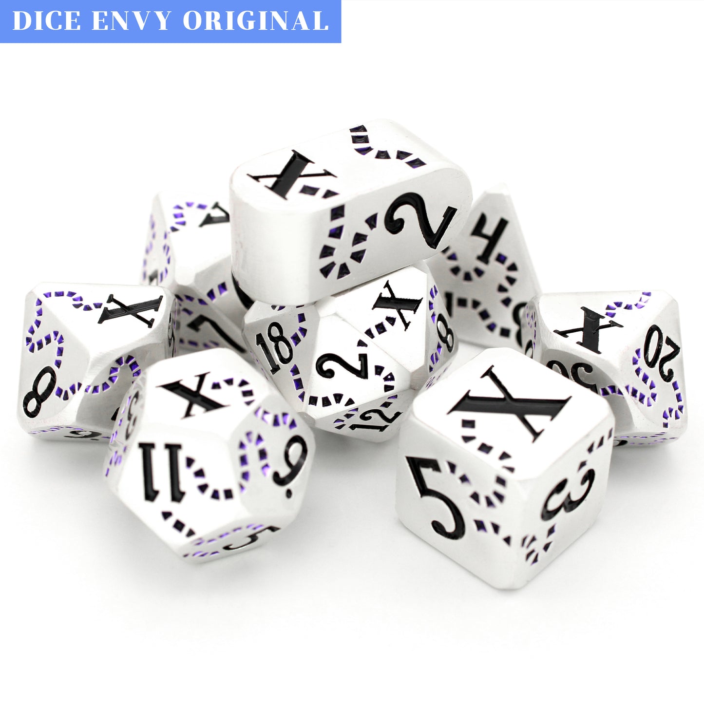 Last Breath is a Dice Envy Exclusive 8-piece set of pearled white metal dice with a treasure map engraving inked in purple and black. It is part of the Pirate Dice collection.