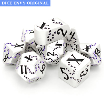 Last Breath is a Dice Envy Exclusive 8-piece set of pearled white metal dice with a treasure map engraving inked in purple and black. It is part of the Pirate Dice collection.