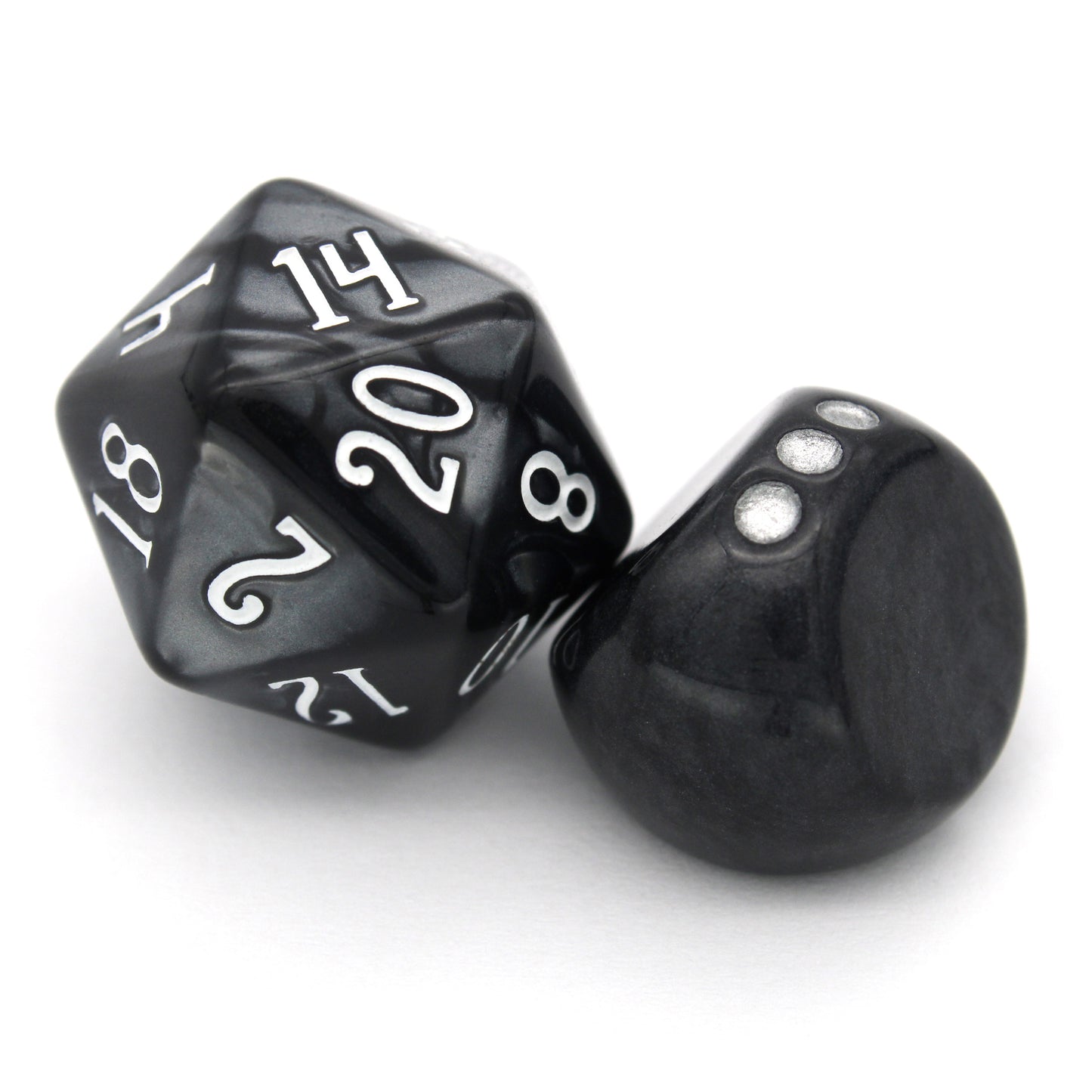 Legato d3s are made from swirled black acrylic with silver inked pips.