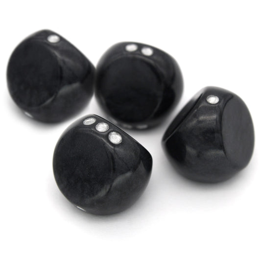 Legato d3s are made from swirled black acrylic with silver inked pips.