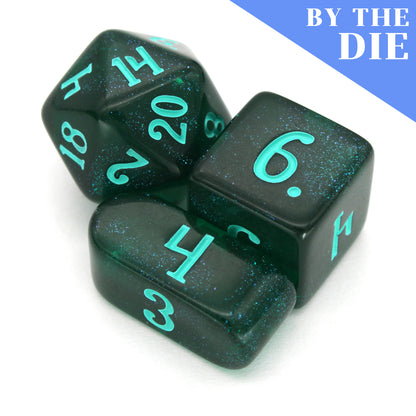 Leviathan (by the die) are individual dark teal acrylic dice, filled with glistening blue glitter and inked in seafoam green.