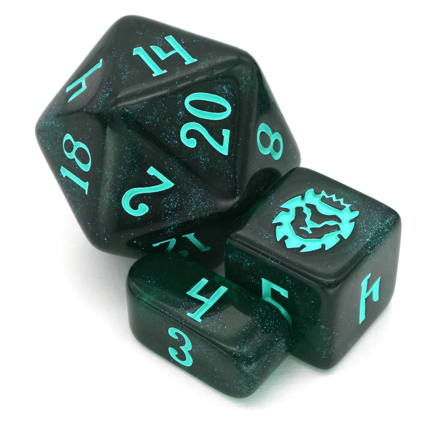 Leviathan is a 10-piece set of dark teal acrylic dice, filled with glistening blue glitter and inked in seafoam green.