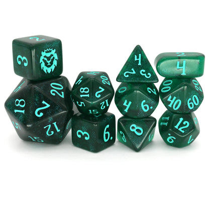 Leviathan is a 10-piece set of dark teal acrylic dice, filled with glistening blue glitter and inked in seafoam green.