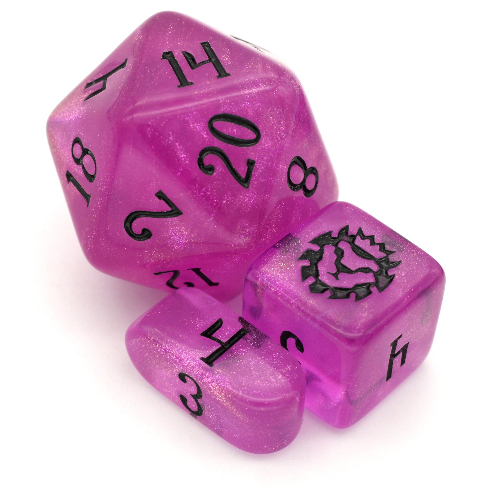 Lich Queen Barbie is a 10-piece set of translucent, glittery, bright pink dice inked in nightmare black.