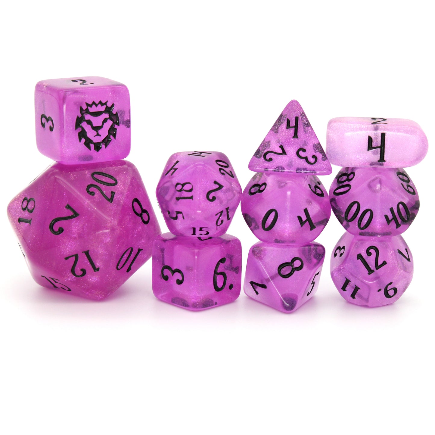 Lich Queen Barbie is a 10-piece set of translucent, glittery, bright pink dice inked in nightmare black.