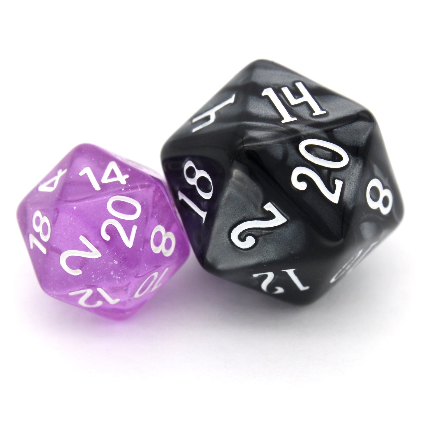 Lilactivity is a 7-piece, 13mm polymer set of transparent purple resin dice, shimmering with silvery glitter and inked in bright white. It belongs to our tiny but mighty Wee Lads collection. Standard d20 pictured for scale.